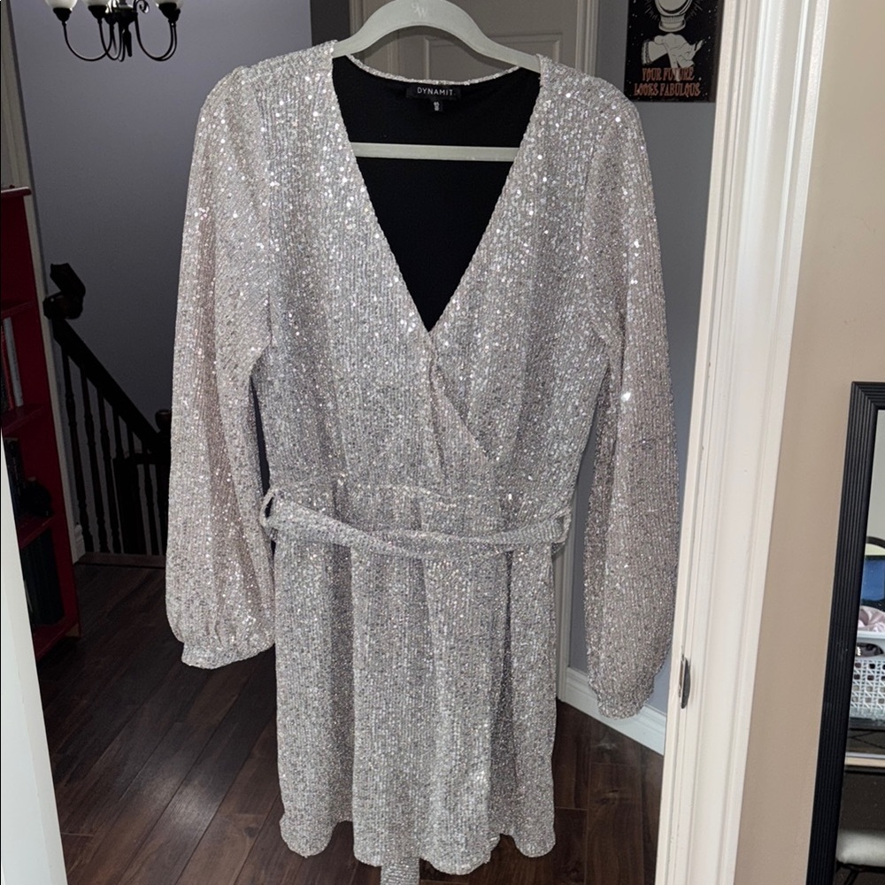 Dynamite Silver Sequin Long Sleeve Dress